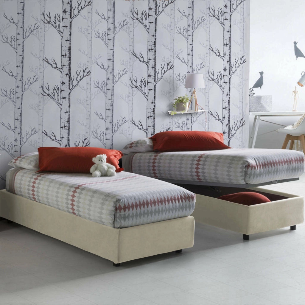 Letto singolo Ava, Letto contenitore con rivestimento in tessuto, Made in Italy, Apertura frontale, adatto per materasso cm 80x200, Beige