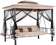 Gazebo Parasole da Giardino con Dondolo Letto e Zanzariere 3 posti, Modello Extra-Lusso Cleopatra, Amaca Altalena Trasformabile in Letto Matrimoniale, Colore Beige