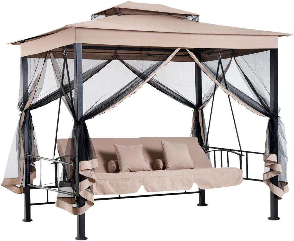 Gazebo Parasole da Giardino con Dondolo Letto e Zanzariere 3 posti, Modello Extra-Lusso Cleopatra, Amaca Altalena Trasformabile in Letto Matrimoniale, Colore Beige