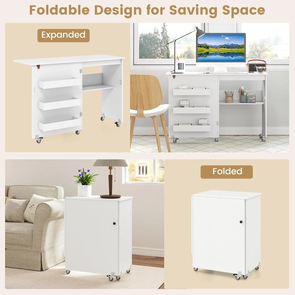 Tavolo da Cucito Pieghevole con Ruote, Mobile per Macchina da Cucire con 4 Ripiani Aperti e Ampio Piano di Lavoro, Ideale per Soggiorno, Camera da Letto e Sala Hobby (Bianco)