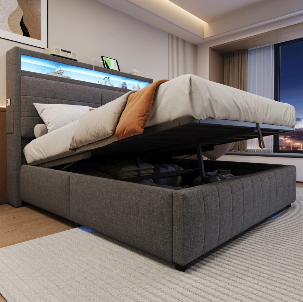 Letto imbottito 160x200 cm con LED, USB e contenitore idraulico