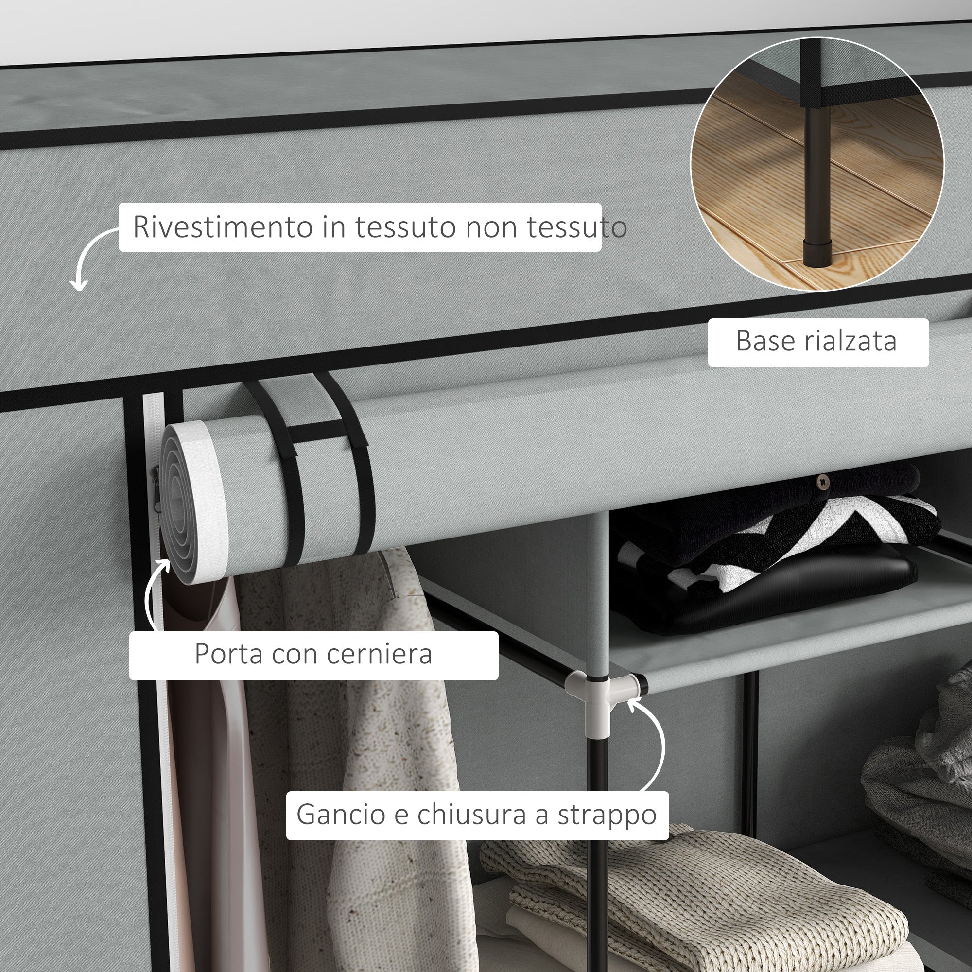 Armadio in Tessuto 10 Ripiani 4 Cassetti e Ante a Cerniera Grigio