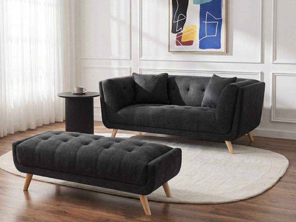 Divano a due posti in tessuto con poggiapiedi cuscini decorativi e gambe in legno trapuntatura decorativa stile retrò nero