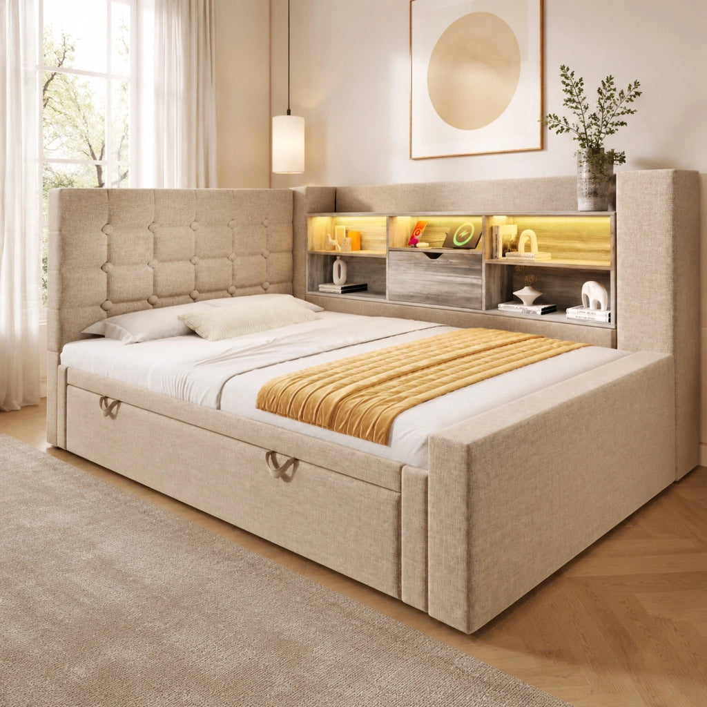 Letto singolo 90x200 cm con letto estraibile; LED e prese USB; beige