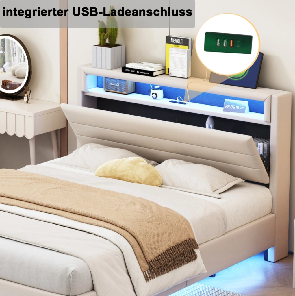 Letto imbottito matrimoniale 140x200 cm beige con USB; LED e testiera ribaltabile