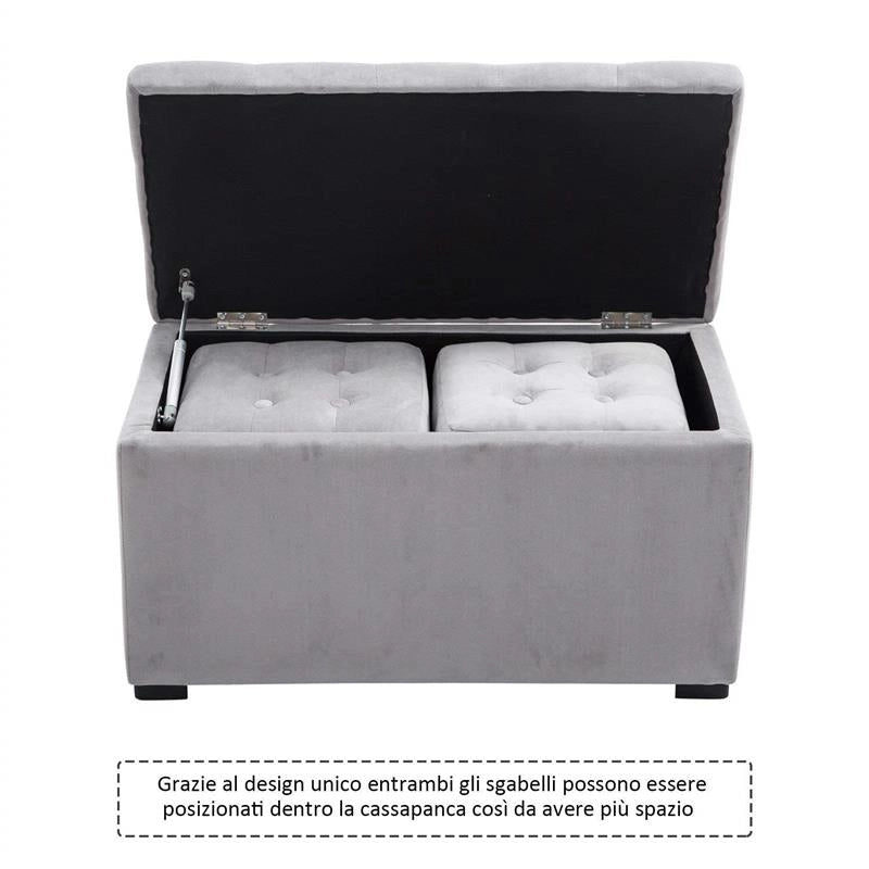 CASSAPANCA PORTAOGGETTI MULTIUSO CON 2 SGABELLI POUF IN VELLUTO GRIGIO PERLA