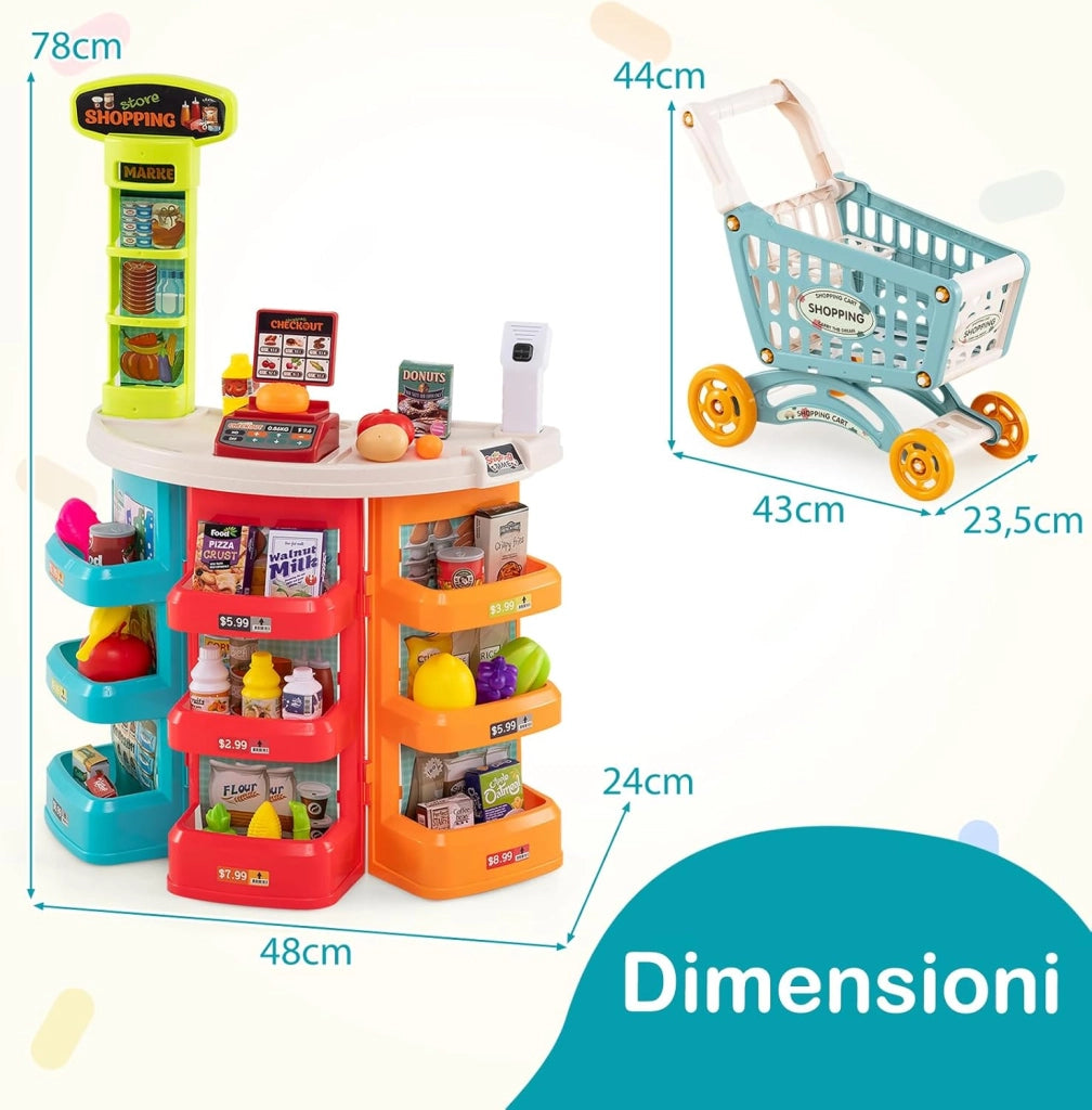Cassa Gioco Supermercato per Bambini, Supermercato Giocattolo con Carrello della Spesa, Registratore di Cassa, Scanner, Luci e Suoni, Gioco di Ruolo con 29 Accessori (Blu)