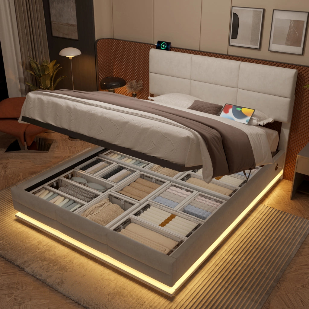 LETTO moderno 160x200 cm in velluto beige con LED, USB e contenitore