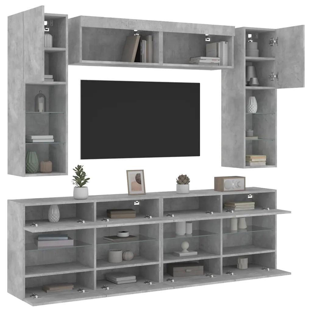 Set Mobili TV a Muro 6 pz con Luci LED Grigio Cemento
