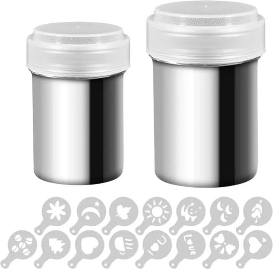 Set di spargitori di zucchero a velo per cappuccino - 2 pezzi di spargitori di zucchero a velo in acciaio inossidabile con 16 pezzi di stampi per caffè, forme di stampaggio, spargitore di zucchero a velo per cioccolata calda, decorazione del pane