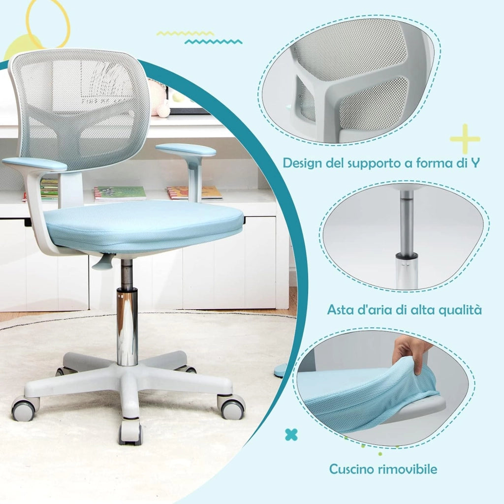 Sedia per Scrivania per Bambini, Sedia per Computer per Bambini con Altezza Regolabile, Ruote con Freni, Sedile Girevole a Rete, Sedia Ergonomica per Bambini 3-10 Anni (Blu)