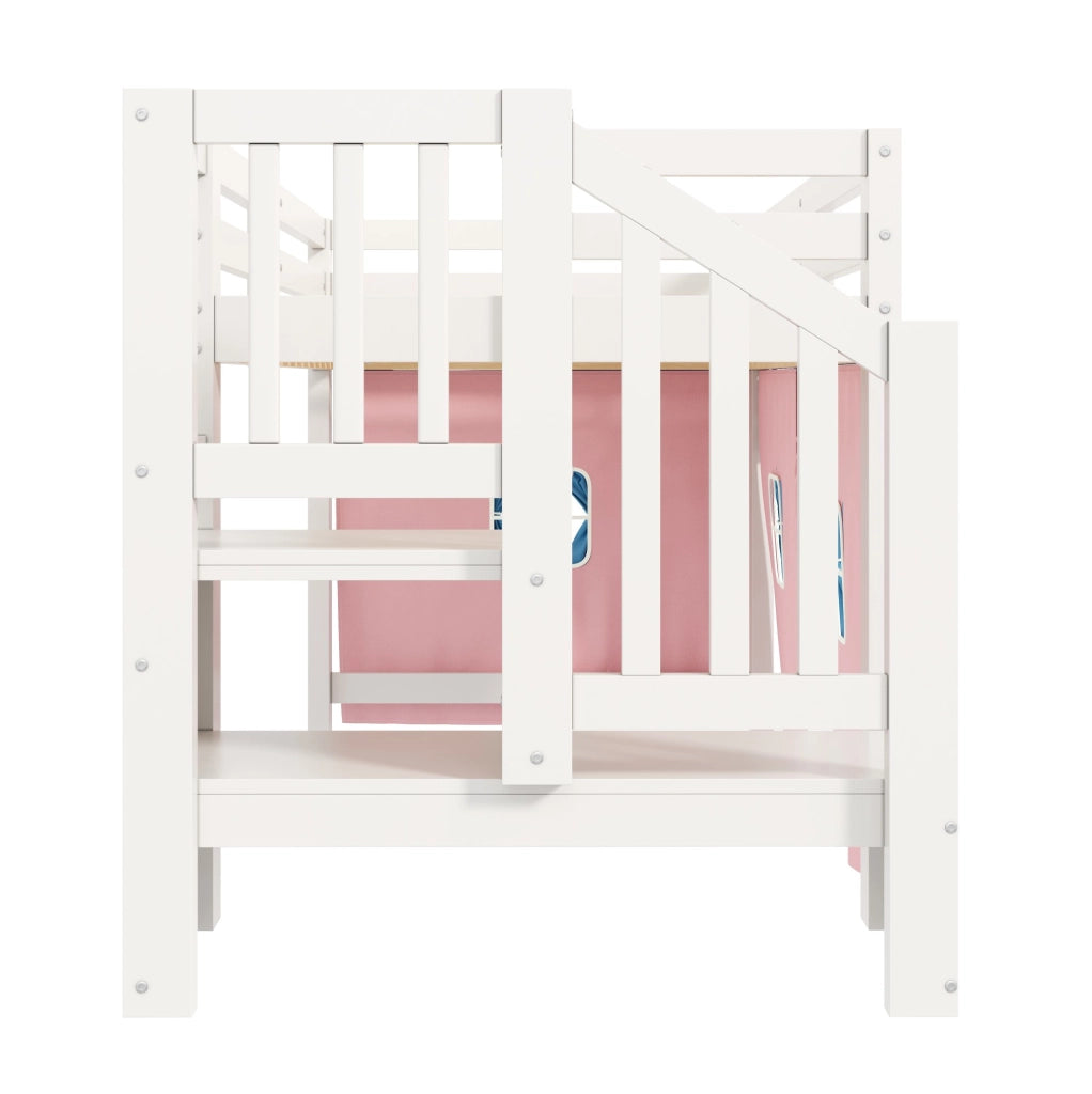 Letto a soppalco basso 90x200 cm in pino e MDF; bianco; con tende oscuranti e LED
