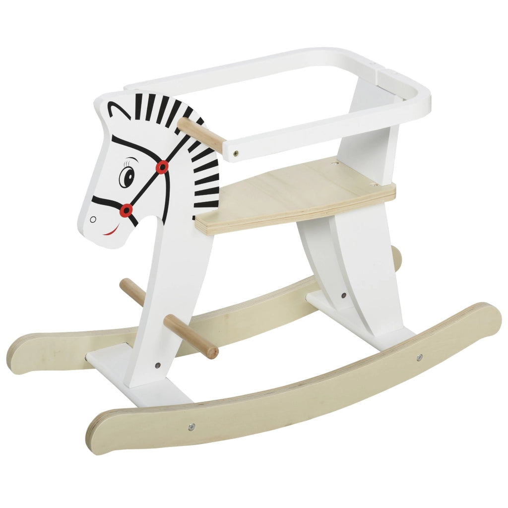 EasyComfort Cavallo a Dondolo Classico in Legno per Bambini 1-3 Anni con Bordo, Maniglie e Poggiapiedi, 68x26.5x48cm, Bianco