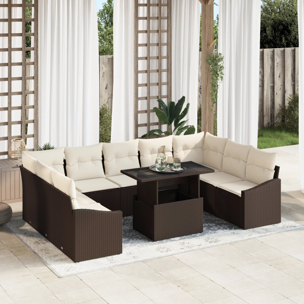 Set di divani da giardino da 10 pezzi con cuscini in rattan poli marrone