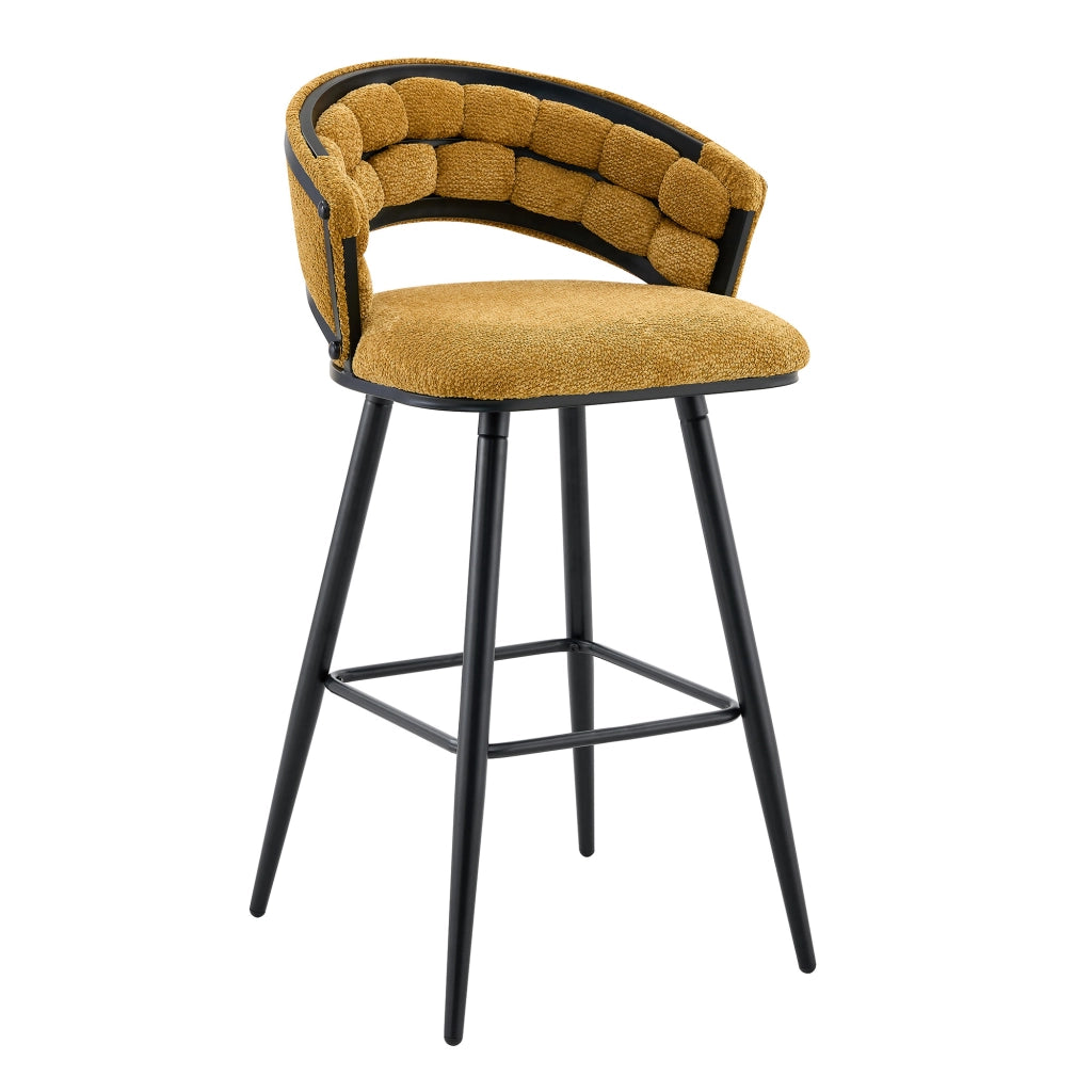 Set di 2 Sgabelli da Bar con Schienale Intrecciato e Poggiapiedi; per Cucina e Isola; Velluto e Metallo; Giallo e Nero
