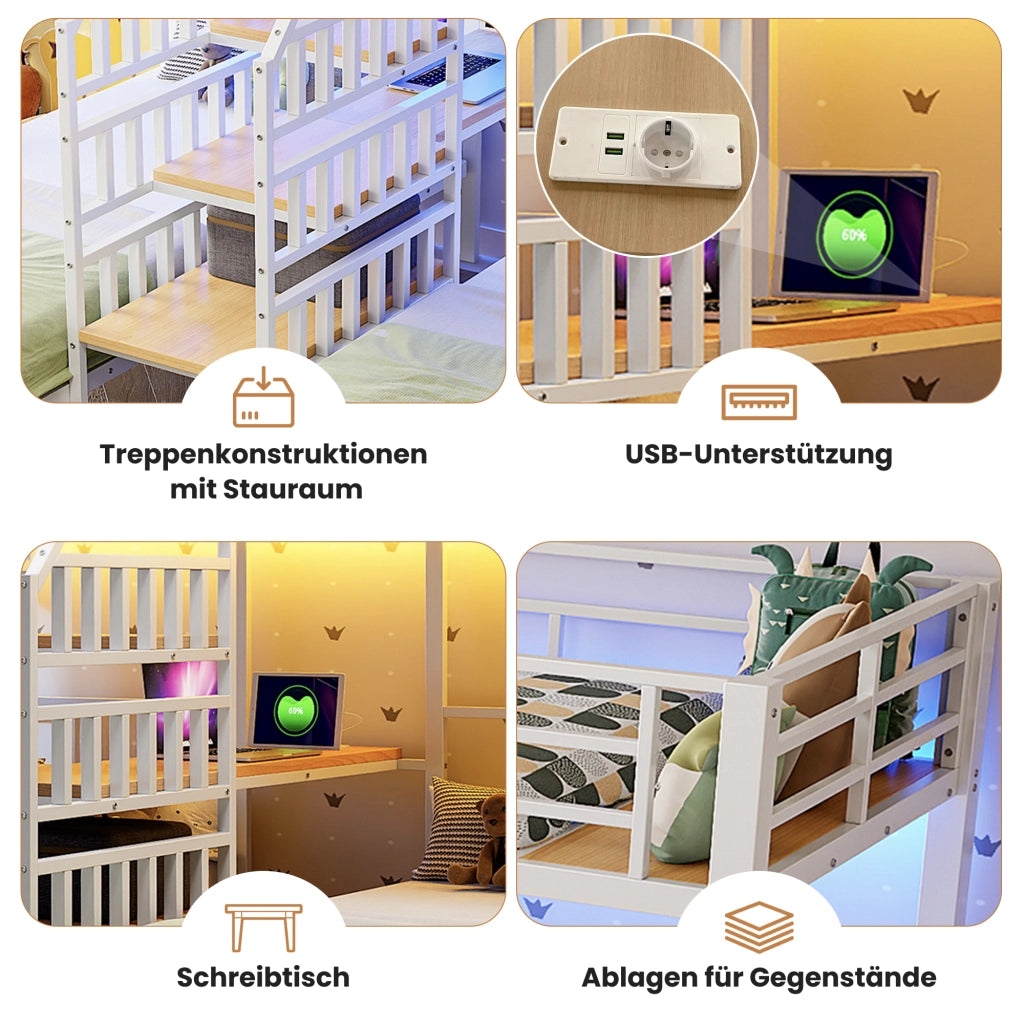 DESMIU Letto a castello 3 posti 90 × 200 cm con LED, USB, presa, scrivania e ripiani, senza materasso