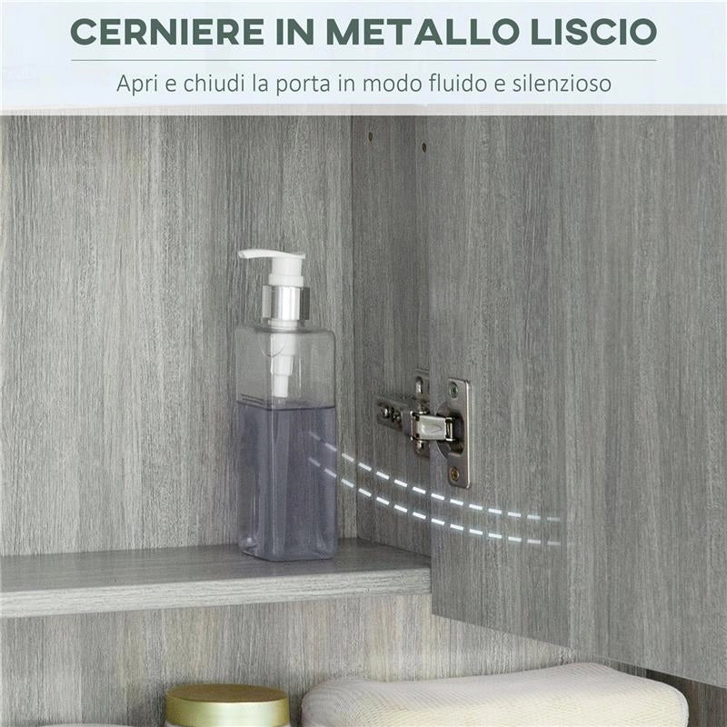 ARMADIETTO CON SPECCHIO A 4 SEZIONI CON RIPIANI REGOLABILI, IN LEGNO E VETRO, 90X15X75 CM, GRIGIO