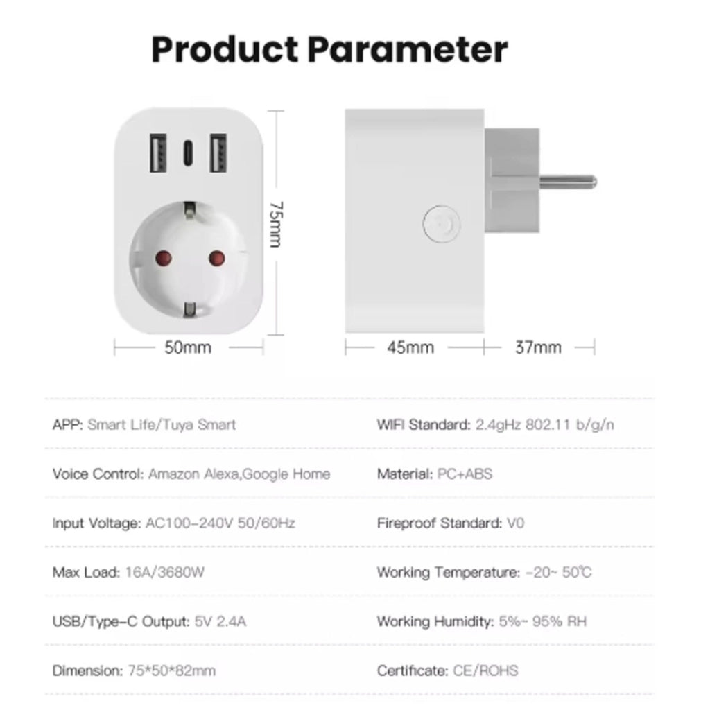 PRESA SMART WIFI 16A 3680W USB TYPE C ALEXA GOOGLE TUYA SMART LIFE TIMER WIBY