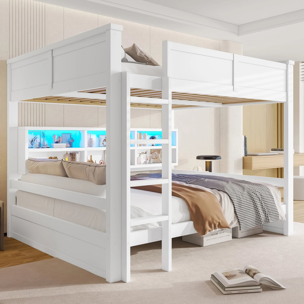 LETTO A CASTELLO 160x200 cm Bianco con 6 vani contenitori e luci LED