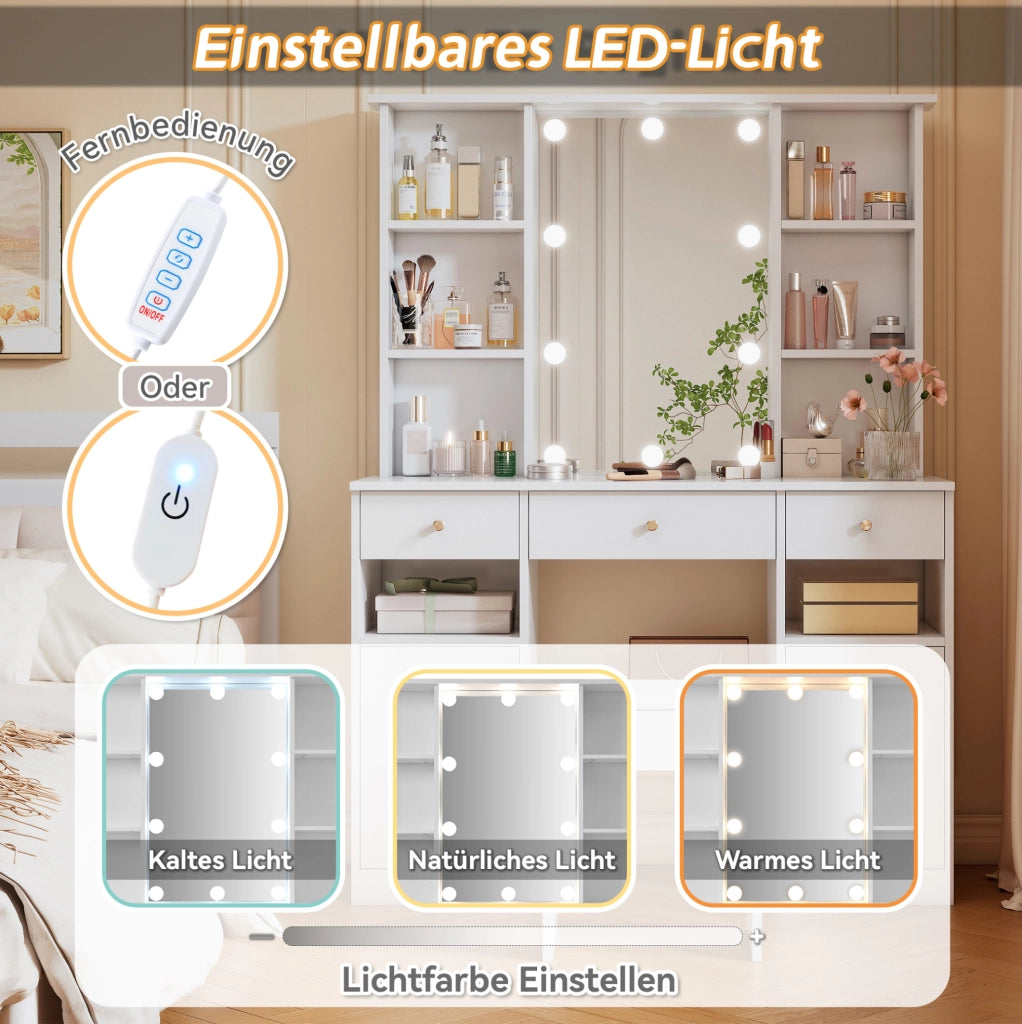 Tavolo trucco con specchio e LED; 3 cassetti; 2 ante; 110x40x151 cm; bianco