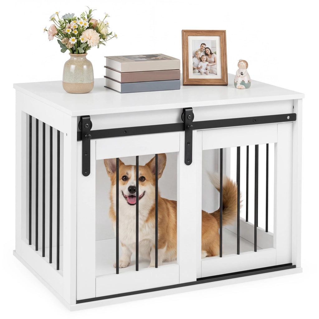 Gabbia per cani con porta scorrevole e struttura in metallo, Gabbia per animali da interno con ampio piano superiore Bianco