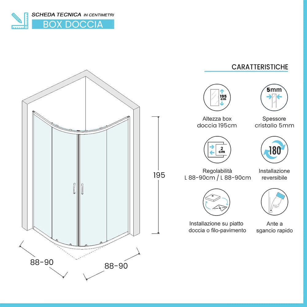Box doccia semicircolare 90x90 cm nero scorrevole in cristallo trasparente Tay