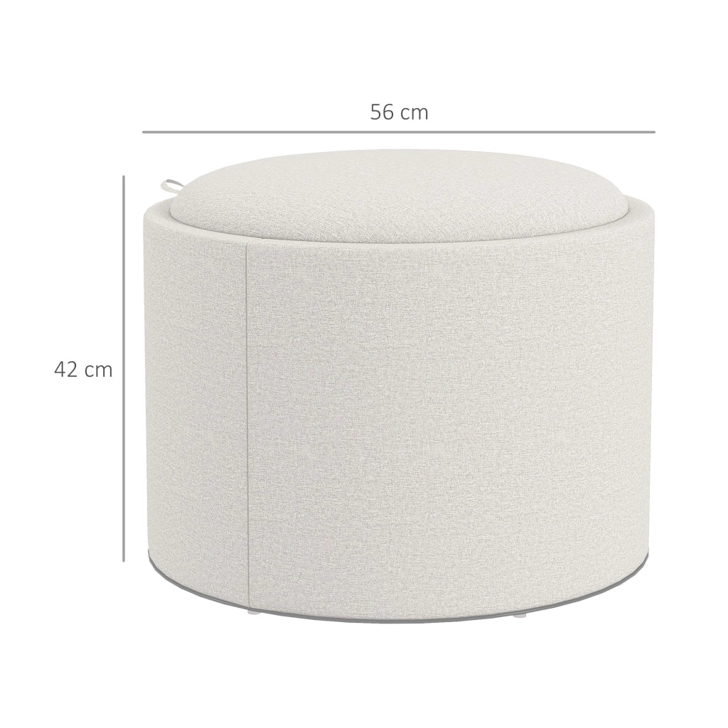 Ottomana rotonda con contenitore, coperchio ribaltabile, effetto lino, bianco crema, Ø56 x 42 cm