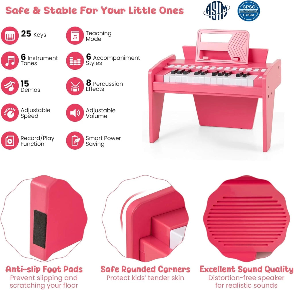 Tastiera a 25 tasti per bambini, pianoforte elettronico con tasto luminoso e leggio, pianoforte digitale per bambini di 18+ mesi, registrazione e lettura, modalità di apprendimento (rosa)