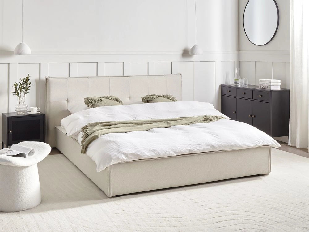 Letto ad acqua king size UE con rivestimento in tessuto di lino bianco sporco e gambe nere 160 x 200 cm con testiera e struttura a doghe per camera da letto.