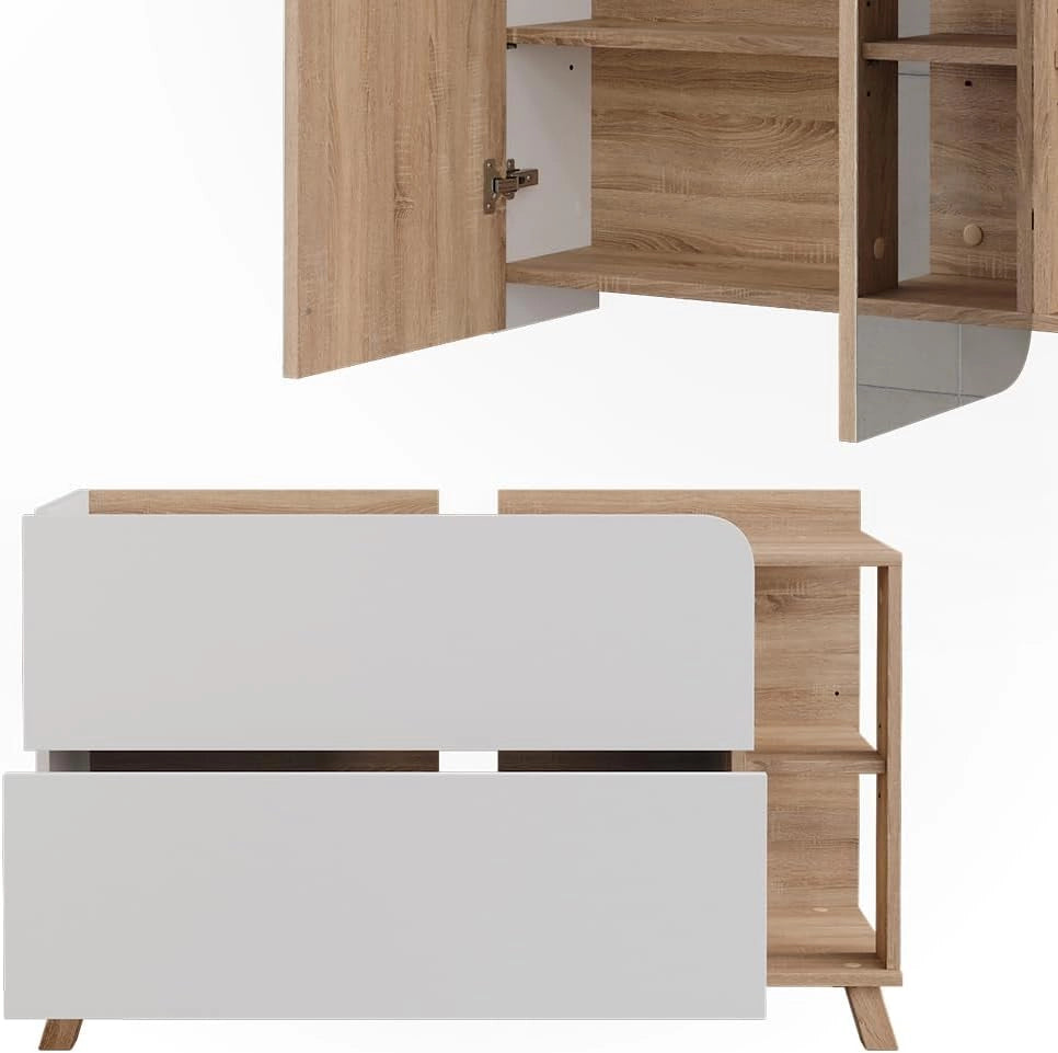 Set di mobili da bagno Karen, Sonoma/Bianco, 100 cm, composto da specchio da bagno e mobile sottolavabo