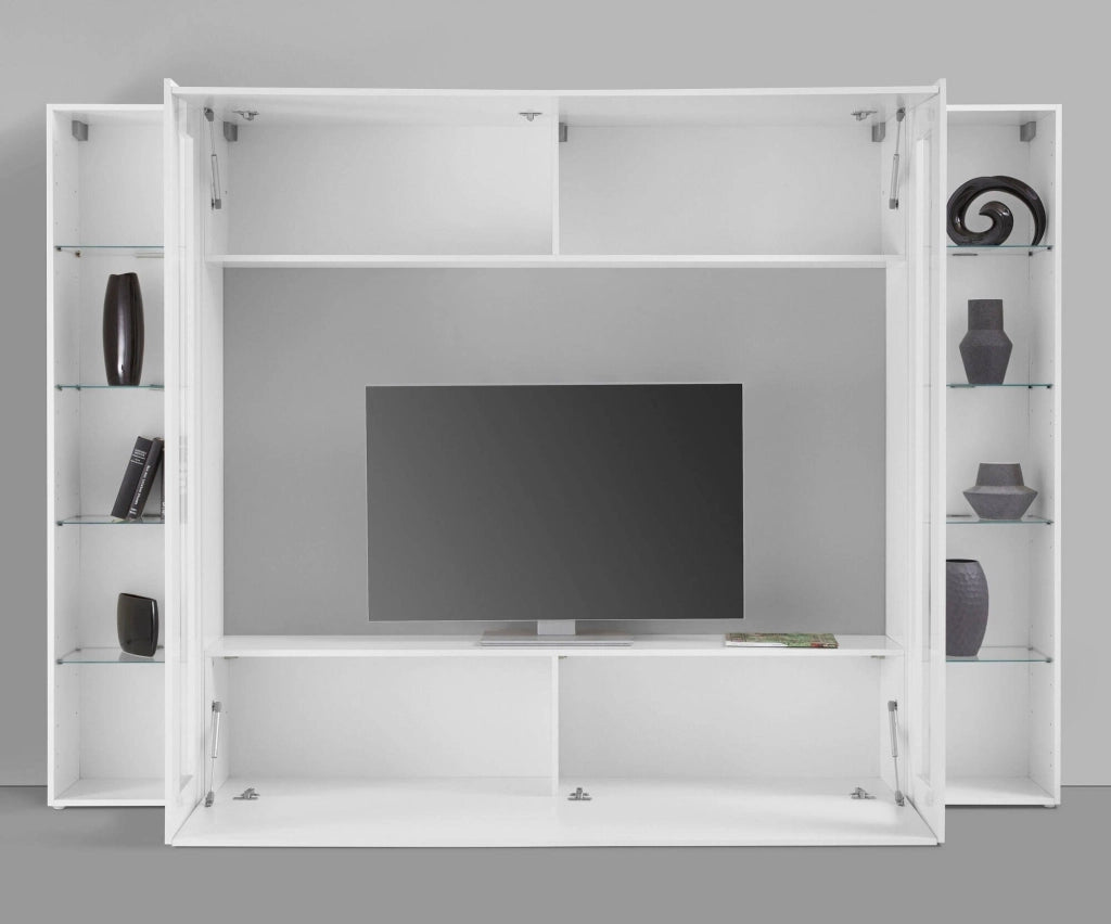 Giuliano, Parete Attrezzata 8 Ripiani Made in Italy, 30x260x180h cm Bianco Lucido