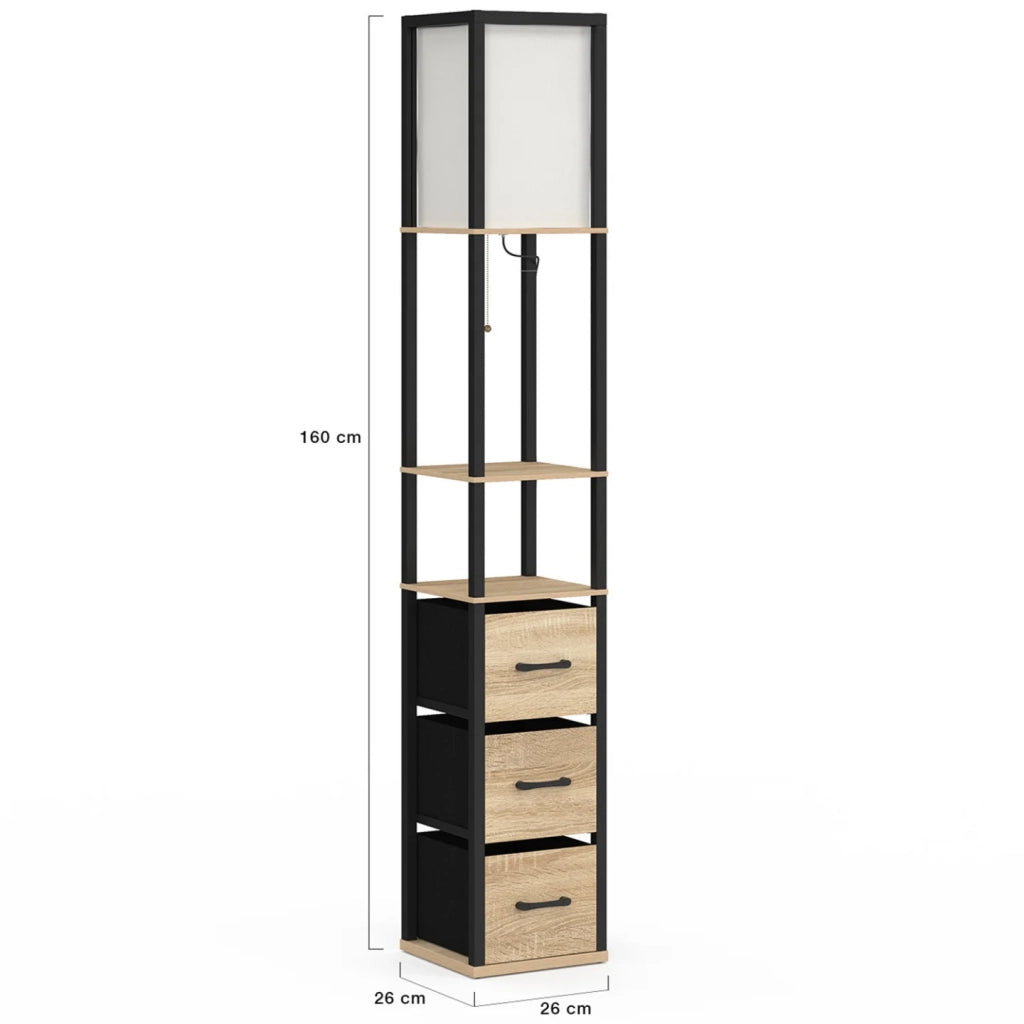 IDMarket - Lampada da terra industriale in legno nero con ripiani in legno chiaro, 3 cassetti in tessuto UTAH e paralume quadrato bianco