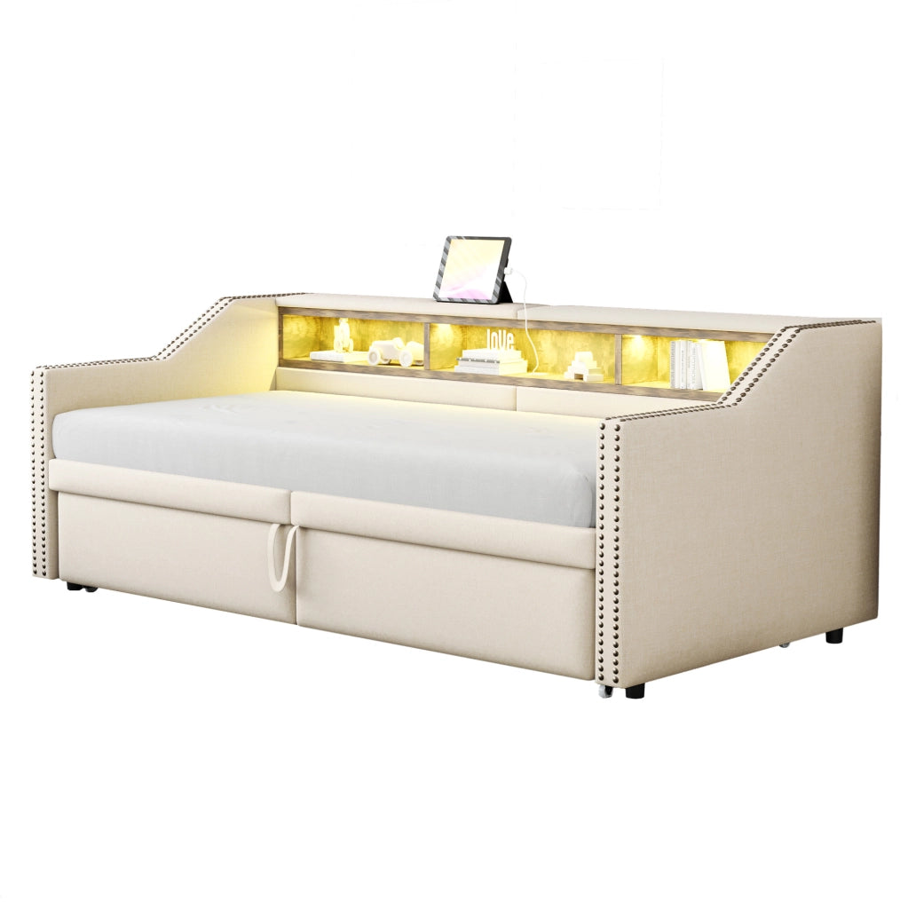 Divano letto imbottito estraibile beige con LED, USB e vani laterali