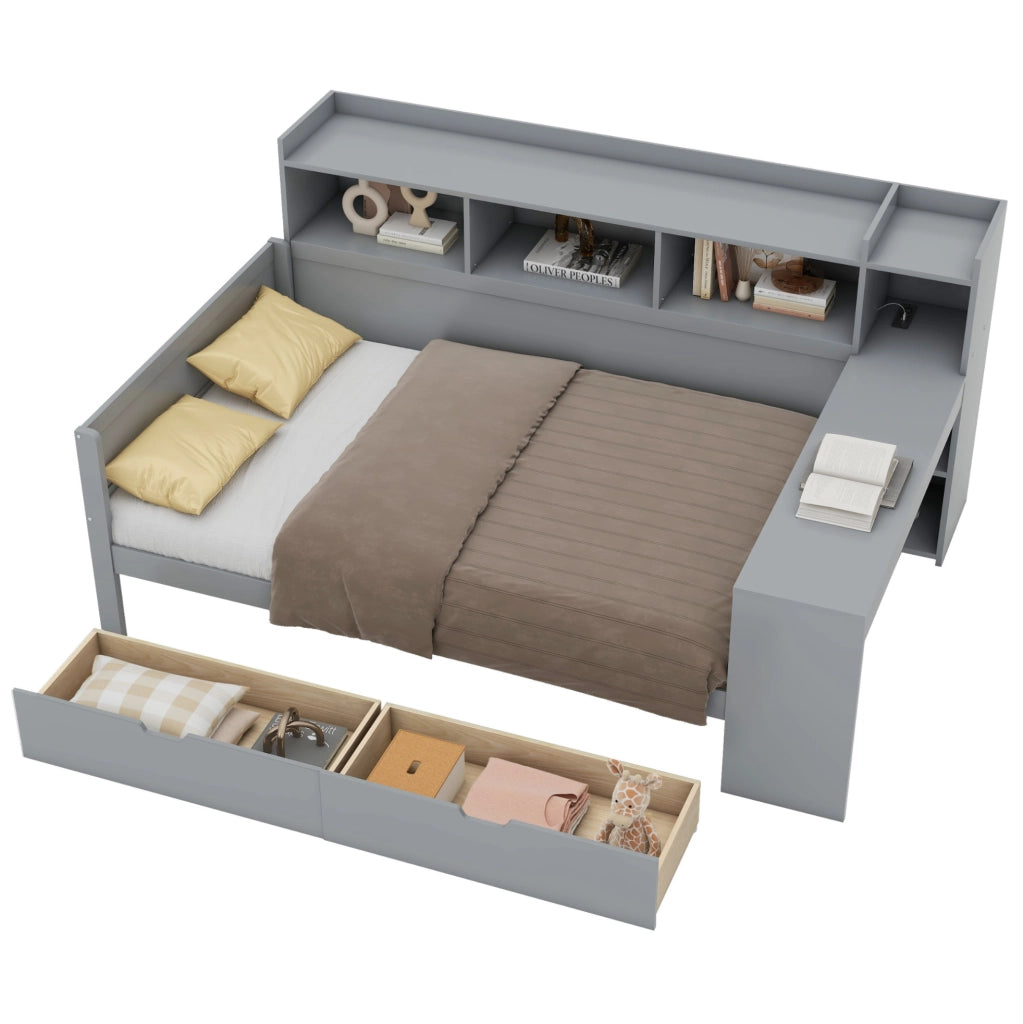 Letto con scrivania, contenitori e ricarica integrata, 90 x 200 cm, grigio