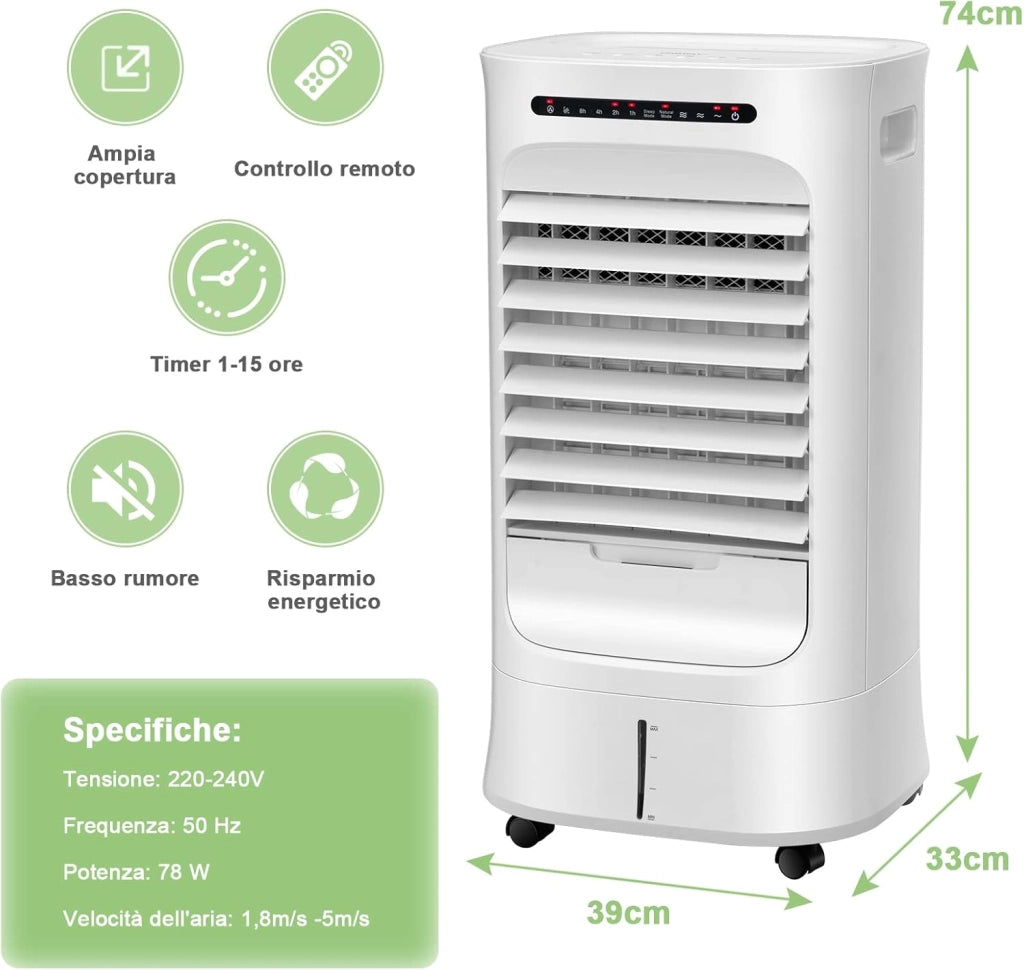 Condizionatore Portatile 4 in 1, Con Raffreddamento, Ventola, Umidificazione, Purificazione, Serbatoio dell’acqua di 10 L, 15H Timer, Con Telecomando e Ruote