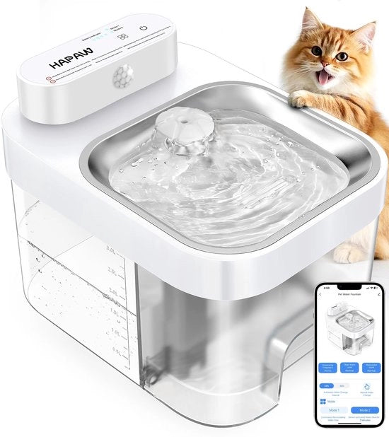 Fonteino automatico per gatti con monitoraggio via app, sistema di rifornimento acqua da 3L e sistema di scarico acqua da 1,35L, fonteino per gatti, dispenser automatico senza filtro con batteria 5000 mAh