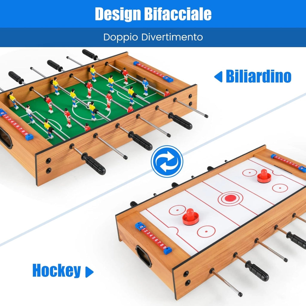 2 in 1 Calcio Balilla in Legno, Calcetto da Tavolo e Hockey da Tavolo con 6 Aste, con 2 Segnapunti, Biliardino per Bambini e Adulti da Casa, 69 x 36 x 10 cm
