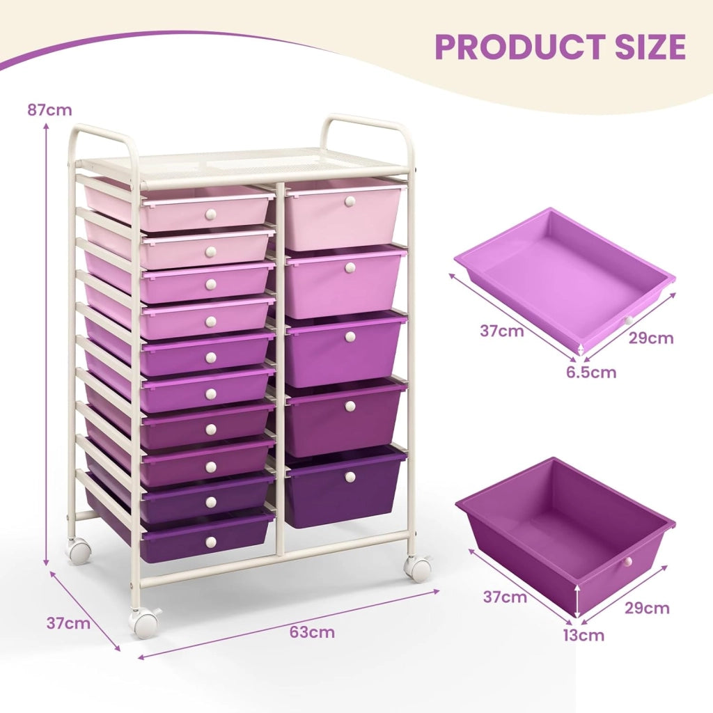Carrelli Porta Oggetti, con 10+5 Cassetti Impilabili, 2 Ruote Bloccabili, Braccioli Metallici, Portabile e Pratico, per Ufficio, Studio, Cucina,Bagno, 5 Colori Disponibili, 62,5x37x87 cm