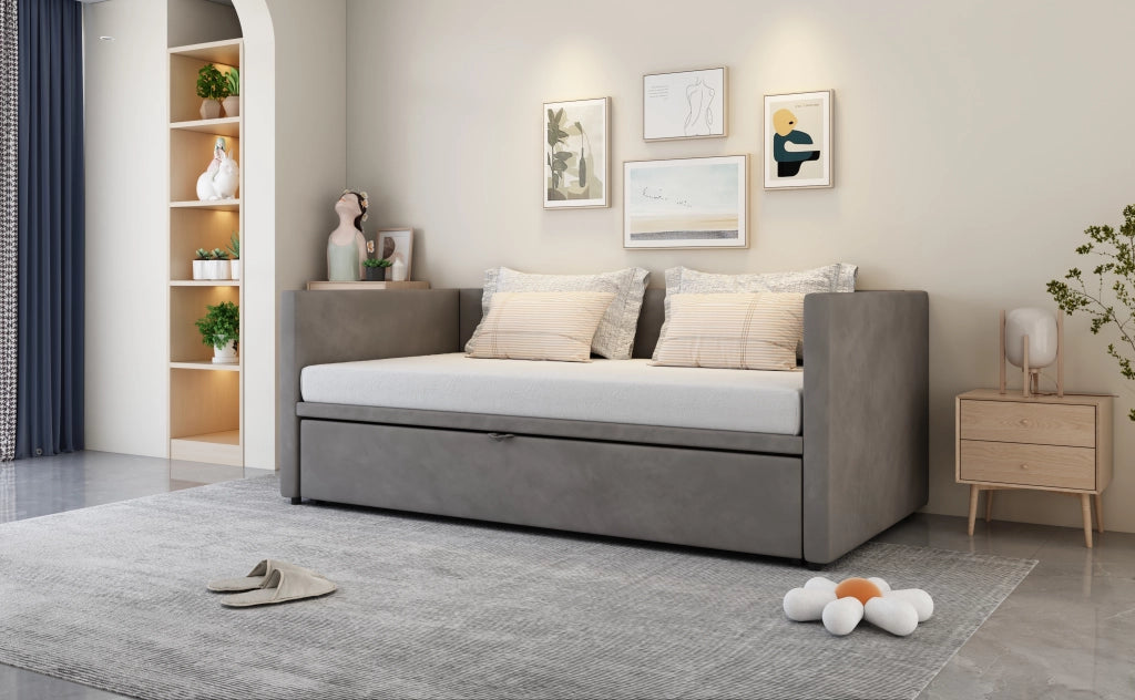 DESMIU Letto Estraibile 90 × 200 cm 2 posti con struttura estensibile, senza materasso, in velluto grigio