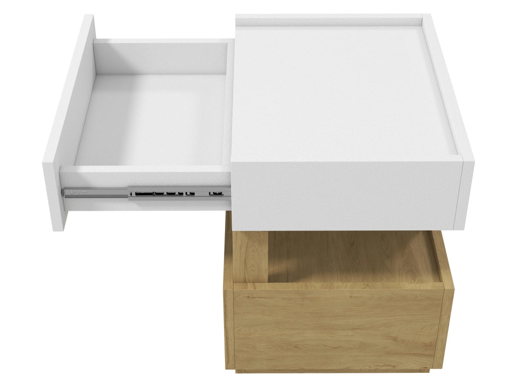 Comodino a 2 cassetti con ricarica wireless e LED in pannelli di legno bianco e naturale 50 × 40 × 50 cm