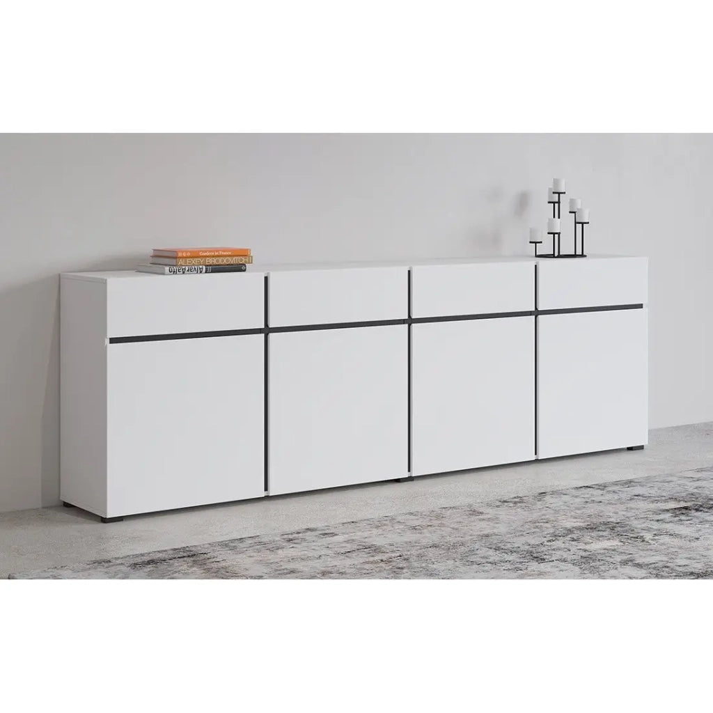 Buffet XL colori bianco e nero 225cm collezione HAVANA. Credenza design con 4 porte e 4 cassetti.