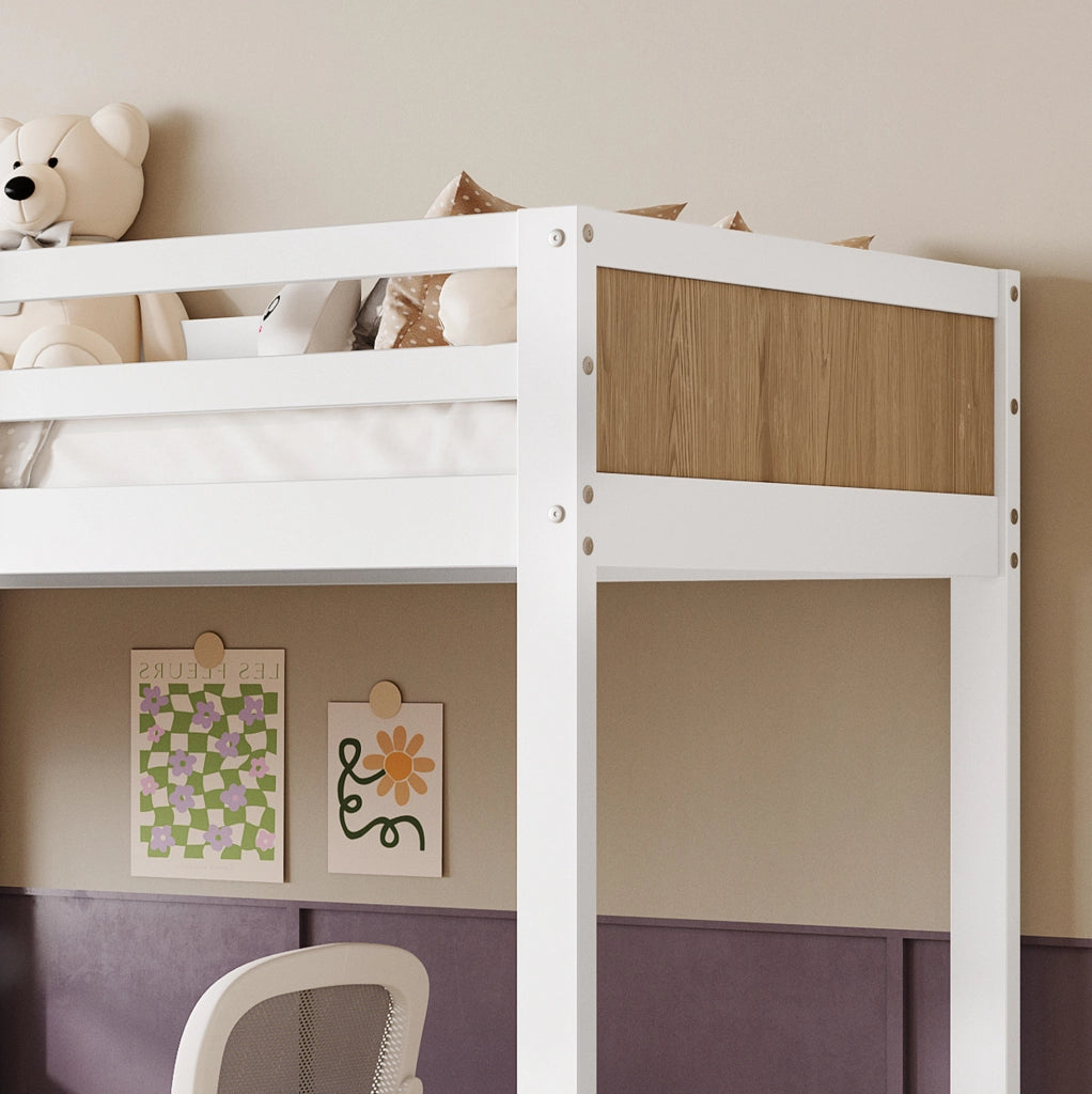 LETTO a castello con scrivania, scala contenitore, 90x200 cm, bianco/naturale