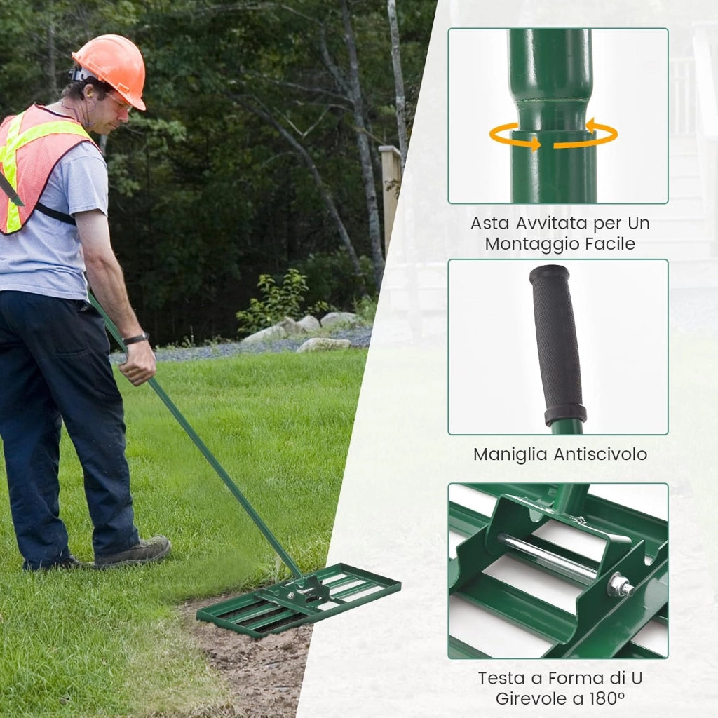 Rastrello Livellatore per Prato, Attrezzo per la Livellatura del Prato con Manico Ergonomico, Livellatrice per Giardino, Cortile, Campo da Golf, Fattoria e Pascolo (Verde 75 x 25 cm)