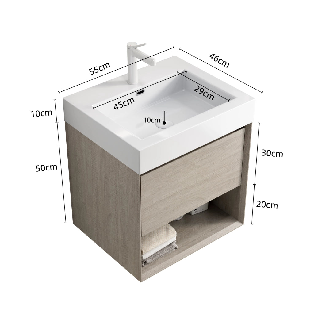 Mobile sottolavabo con lavabo in resina, 1 cassetto e vano aperto, per bagno, rovere chiaro bianco, 55 × 46 × 60 cm
