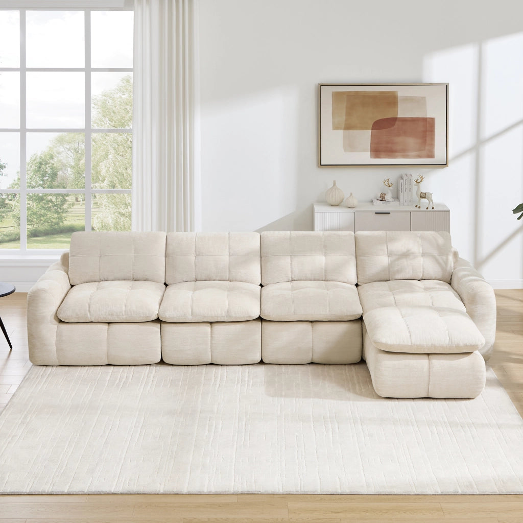 Divano modulare angolare 4 posti - sedute profonde - in chenille beige 334×160×68 cm