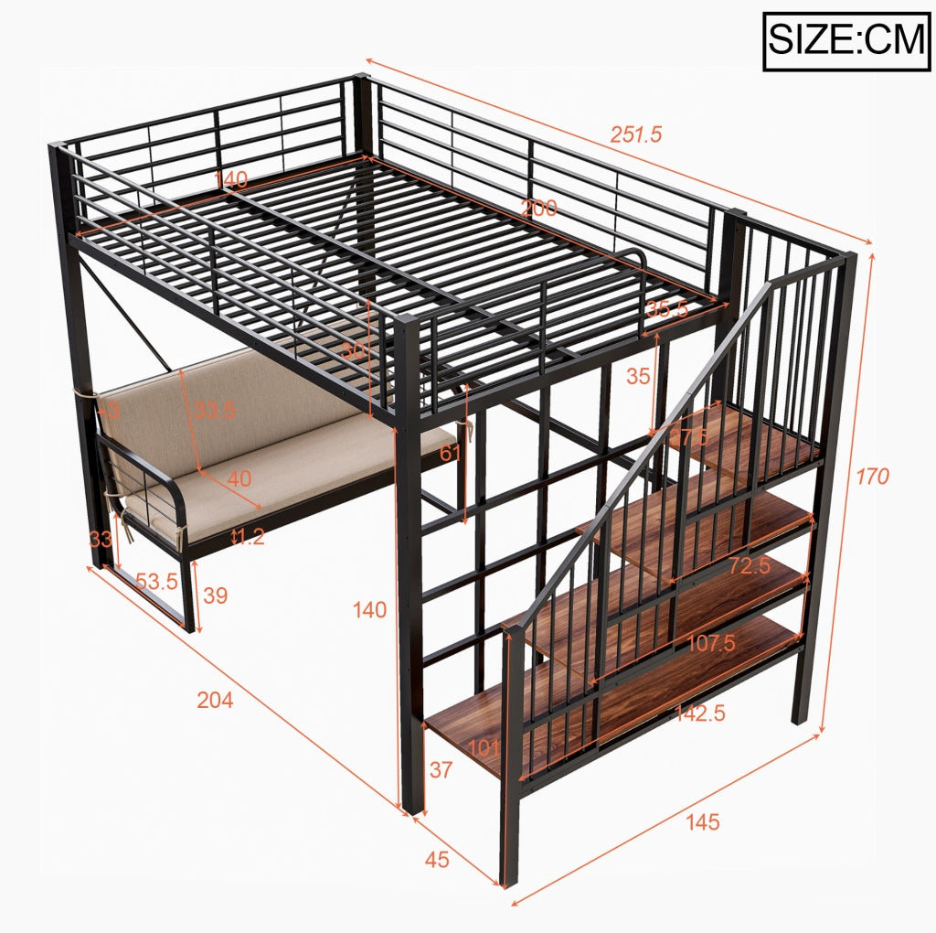 Letto a castello 140x200 cm in metallo e MDF con divano imbottito rimovibile; scala contenitore; nero