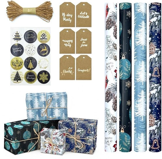 Set di carta da pacchi da 4 rolli - Carta da pacchi per compleanni/Natale - Etichette/stampi/cordoncini - 43 x 300 cm - Adatto per tovaglie/imbottigliature di fiori