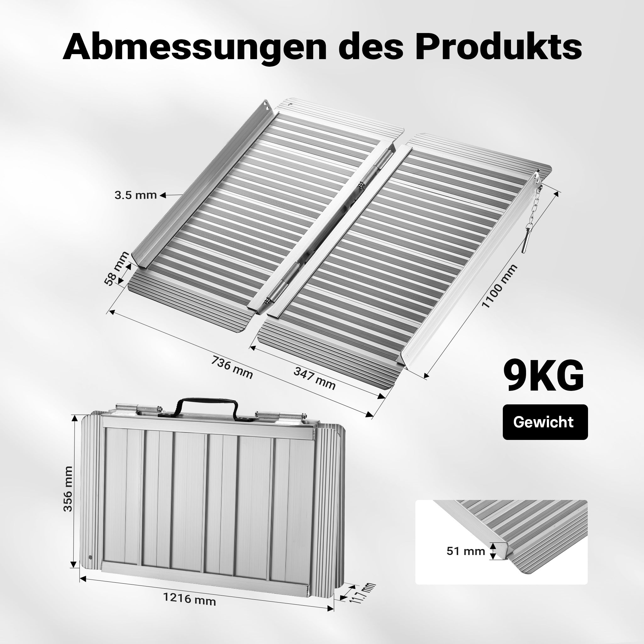Rampa per sedie a rotelle, pieghevole e portatile, in alluminio 122cm max 270 kg