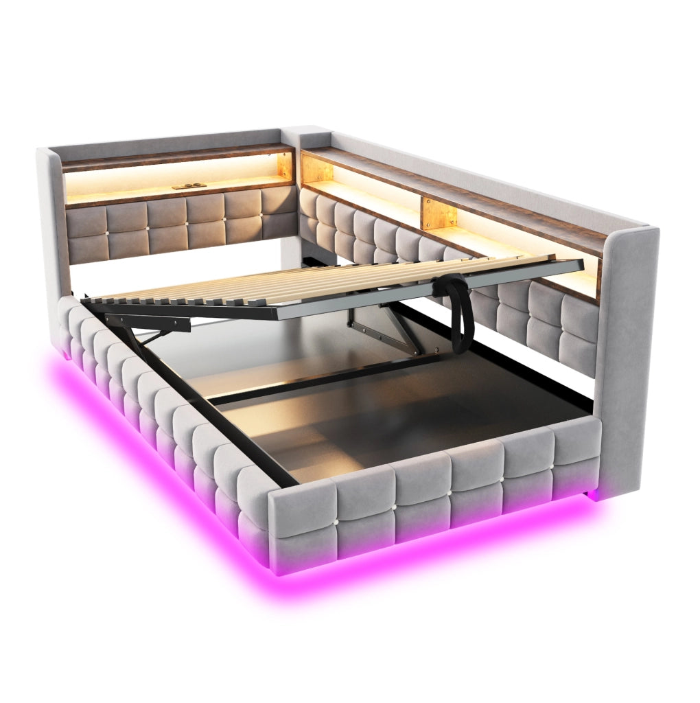 Letto imbottito multifunzione 90x200 cm in velluto grigio chiaro con contenitore; LED e prese