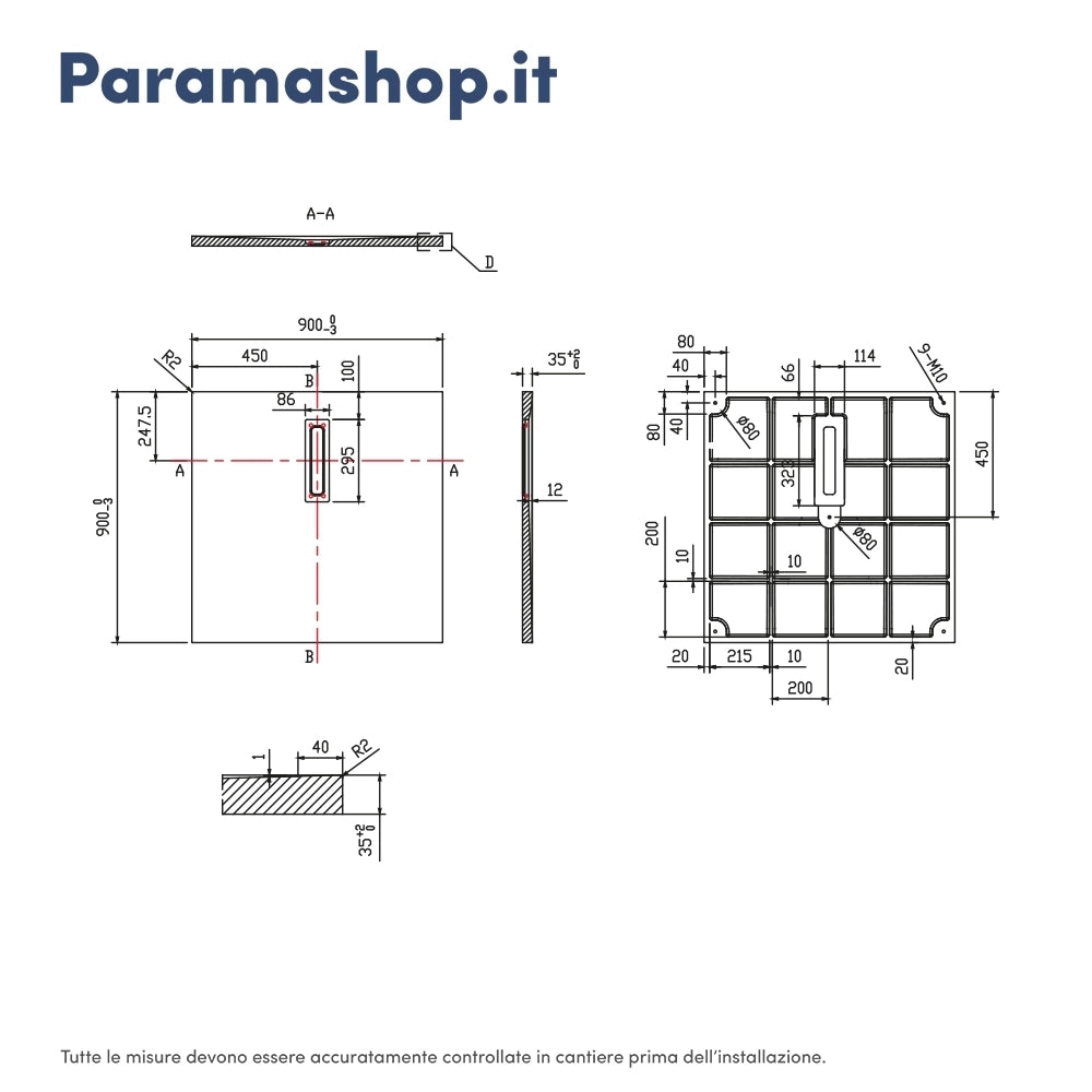 Piatto doccia 90x90 cm in marmoresina nero effeto pietra | Merlera